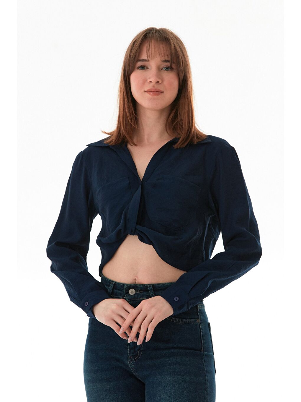 Lacivert Önü Düğümlü Cepli Crop Gömlek-1