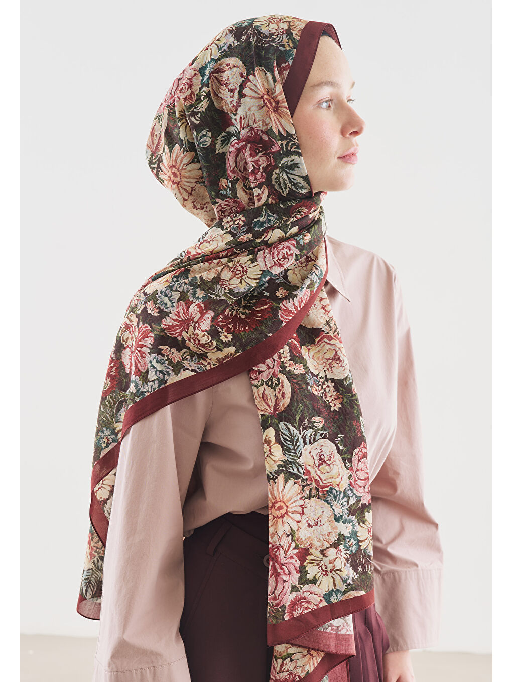 Bordo JUDITH DESENLİ PAMUK VİSKON ŞAL BORDO-3