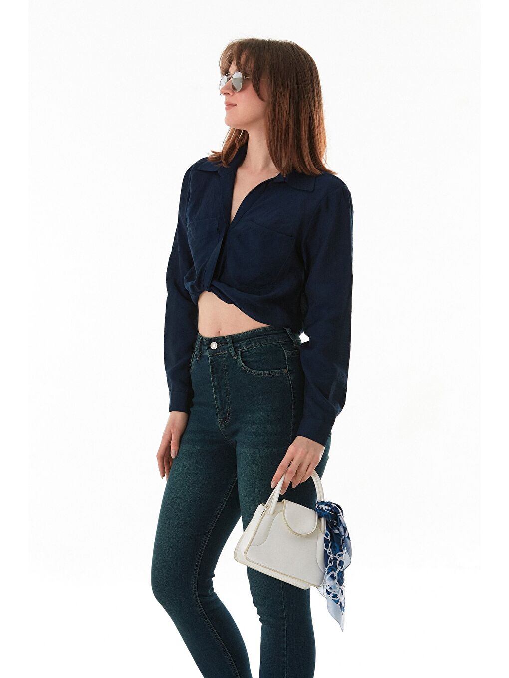 Lacivert Önü Düğümlü Cepli Crop Gömlek-2