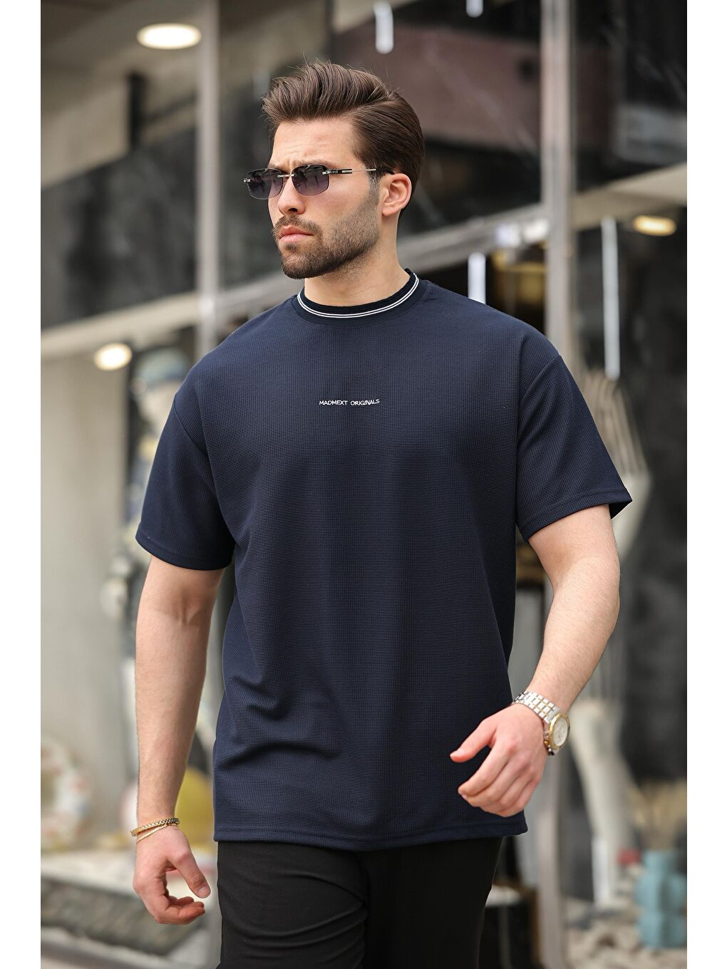 Lacivert Nakış Detaylı Basic Erkek T-Shirt E7106-2