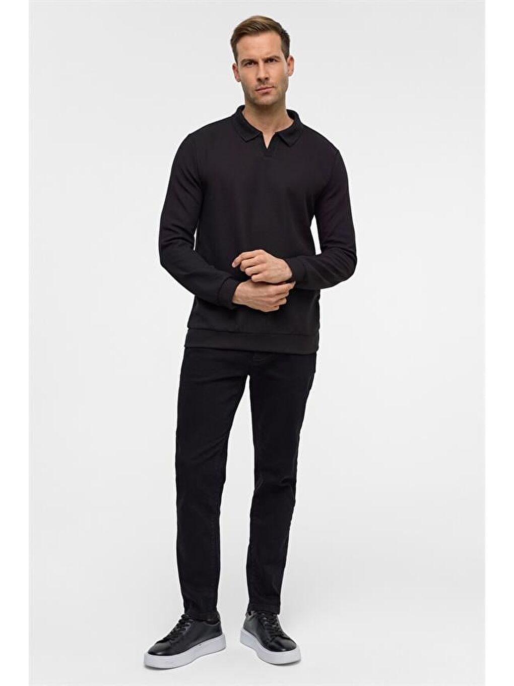 Siyah Regular Düz Polo Yaka Sweatshirt-4