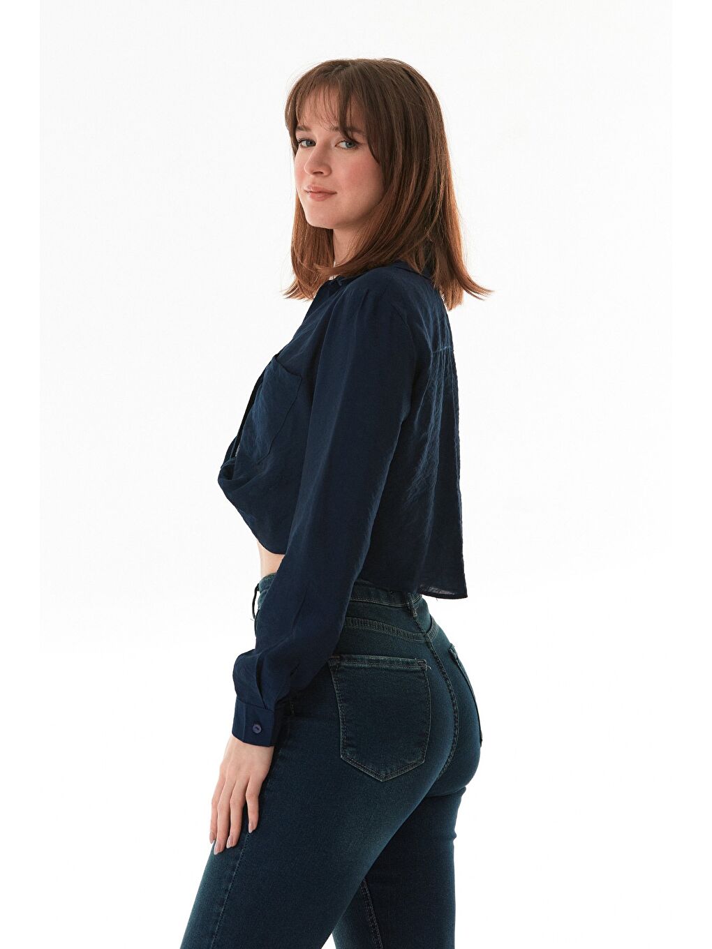 Lacivert Önü Düğümlü Cepli Crop Gömlek-4