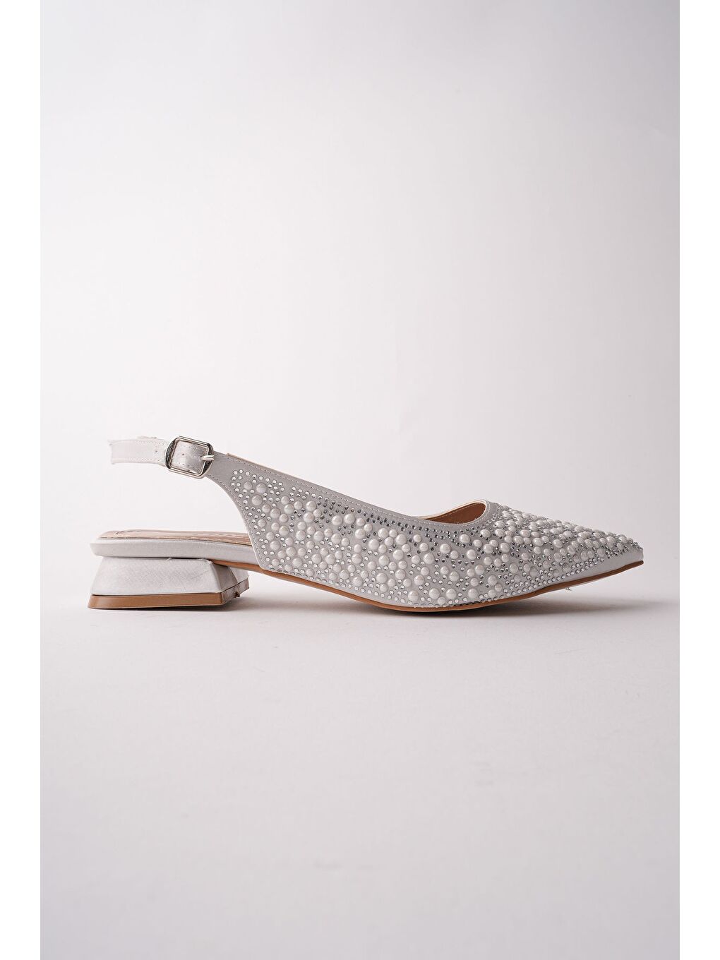 Gri SYROS İnci Taş İşlemeli Sivri Burun Arkası Açık Kadın Topuklu Ayakkabı-1