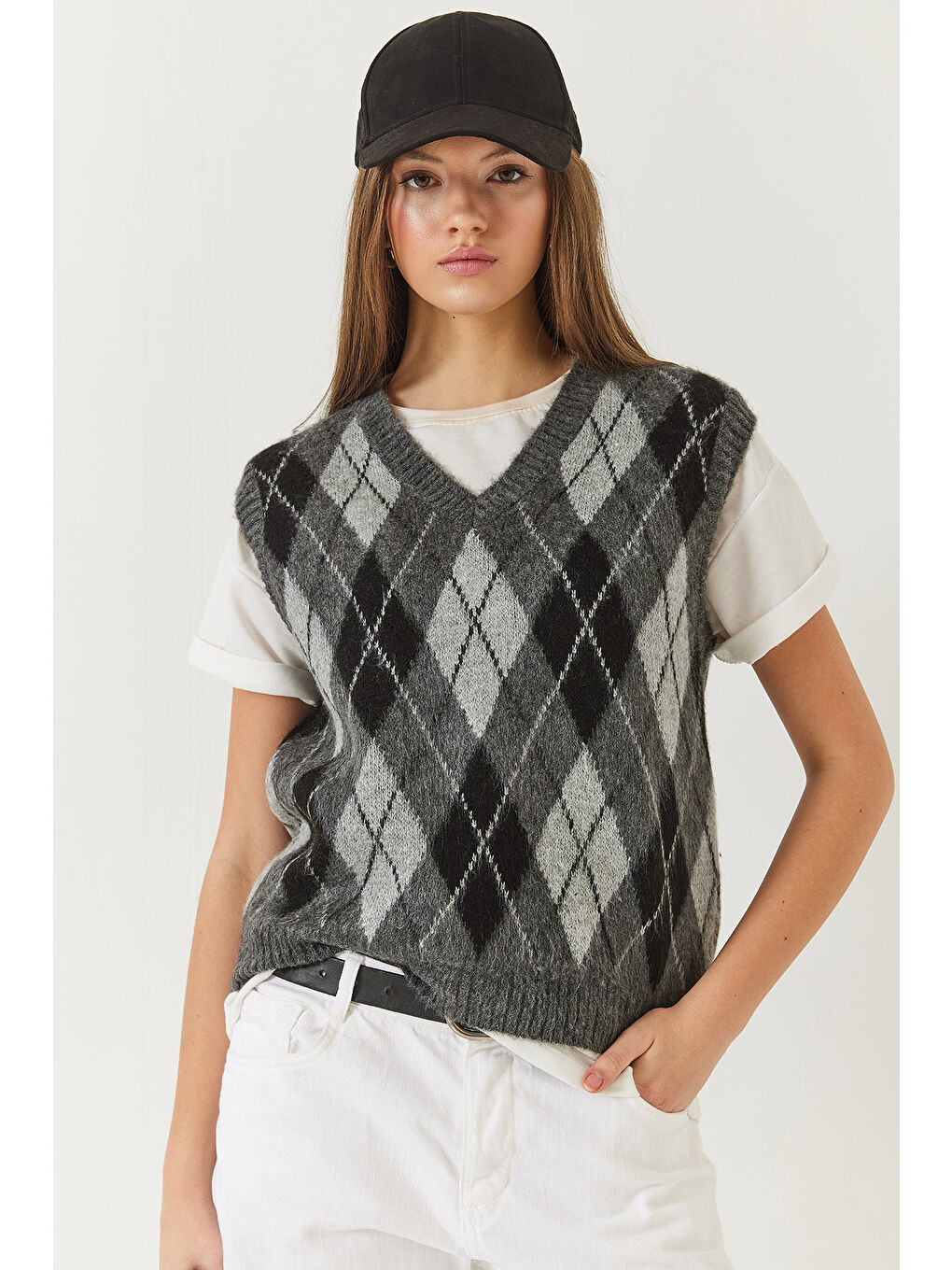 Antrasit Kadın Şardonlu Baklava Desenli Triko Süveter-1