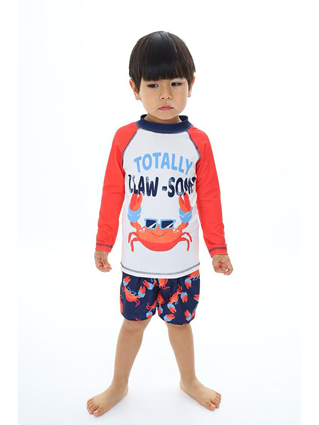 Turuncu Güneş Korumalı Karakter Desenli Deniz Şortlu Mayo Takım