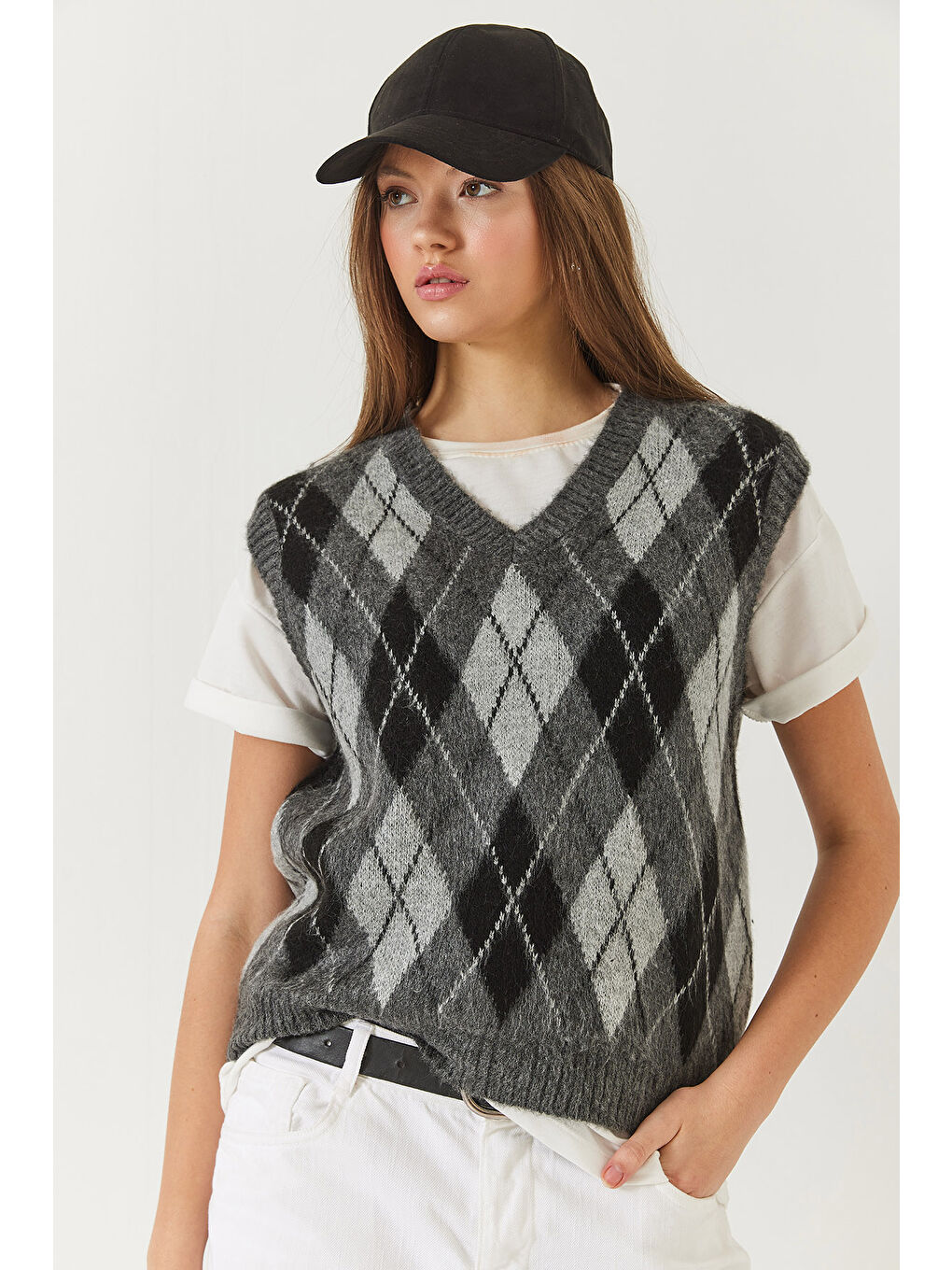 Antrasit Kadın Şardonlu Baklava Desenli Triko Süveter-2