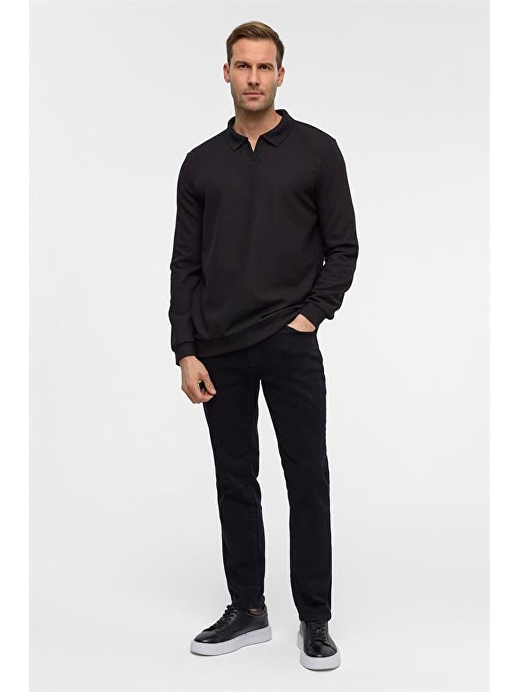 Siyah Regular Düz Polo Yaka Sweatshirt-5