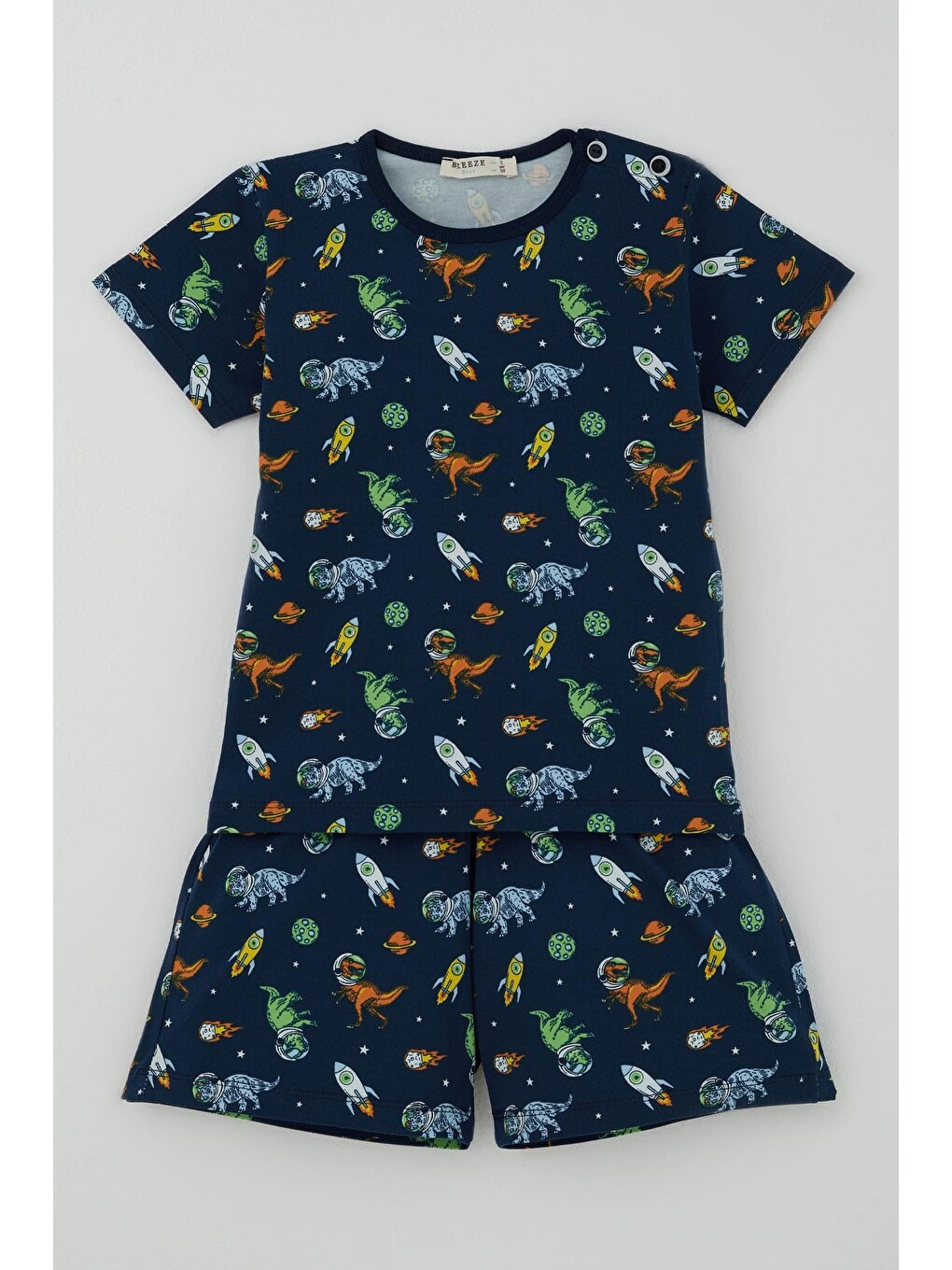 Erkek Bebek Şortlu Pijama Takımı Uzay Temalı Astronot Dinozor Desenli Lacivert (9 Ay-3 Yaş)