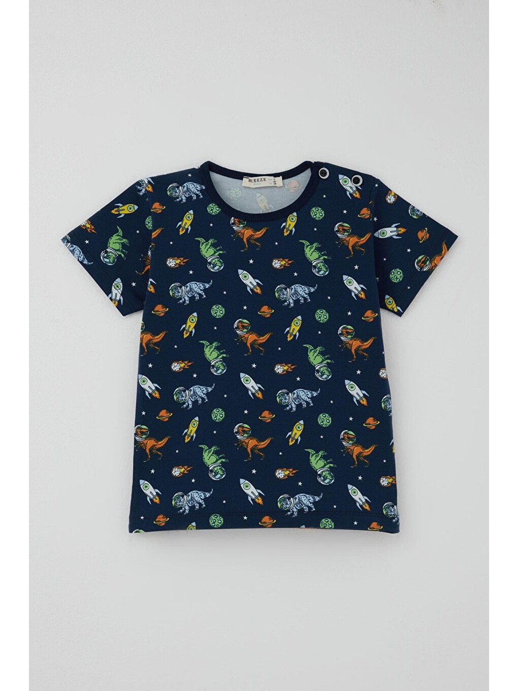 Erkek Bebek Şortlu Pijama Takımı Uzay Temalı Astronot Dinozor Desenli Lacivert (9 Ay-3 Yaş)-1