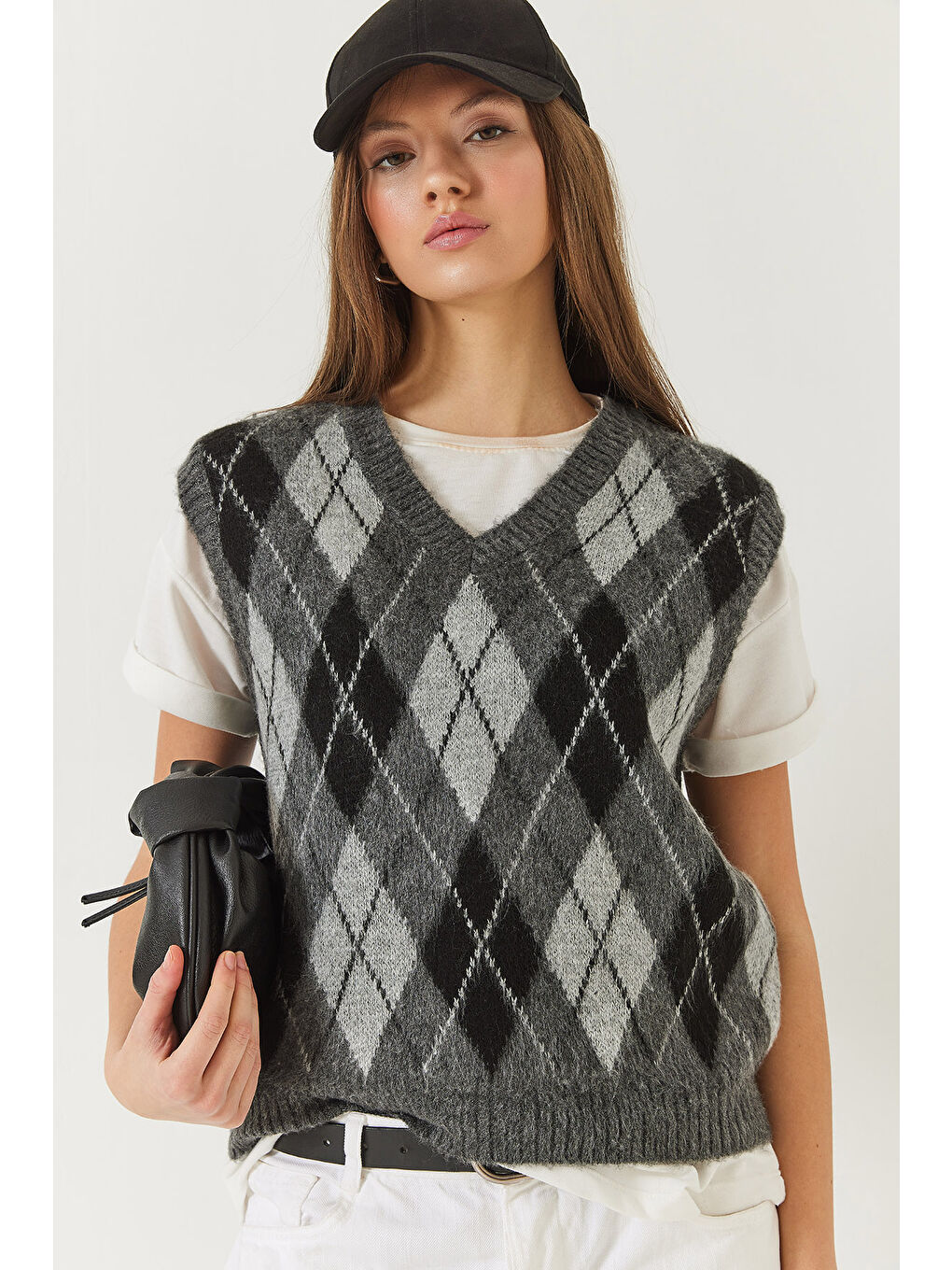 Antrasit Kadın Şardonlu Baklava Desenli Triko Süveter-3