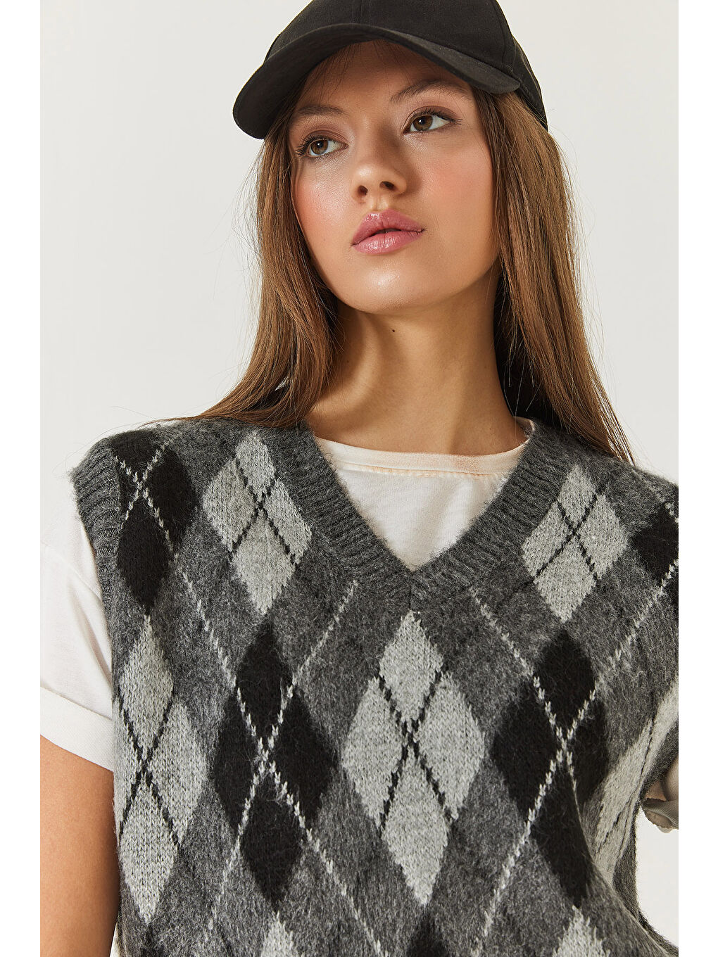 Antrasit Kadın Şardonlu Baklava Desenli Triko Süveter-4