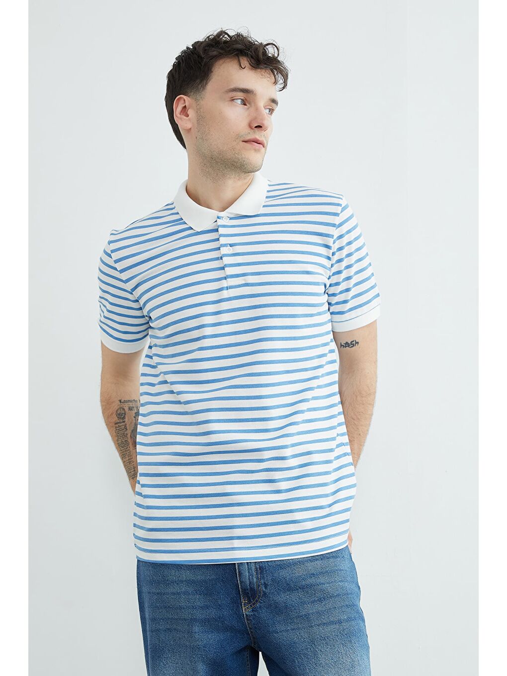 Mavi Çizgili Polo Yaka Yarım Düğmeli Tişört-2