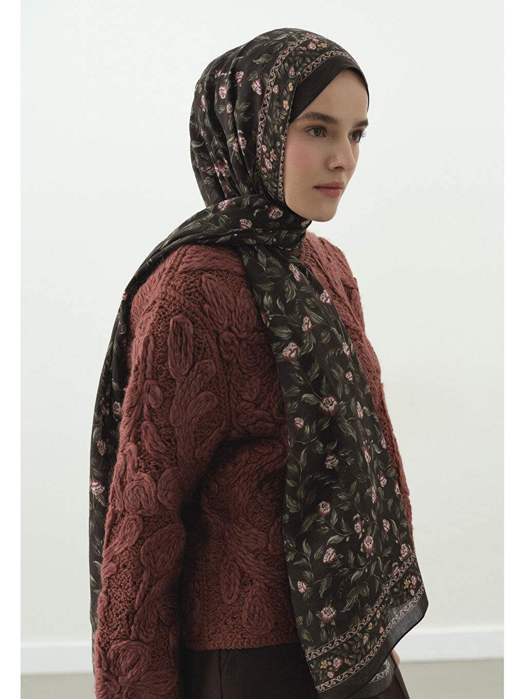 Kahverengi LEANA DESENLİ PAMUK VİSKON ŞAL KAHVE-1