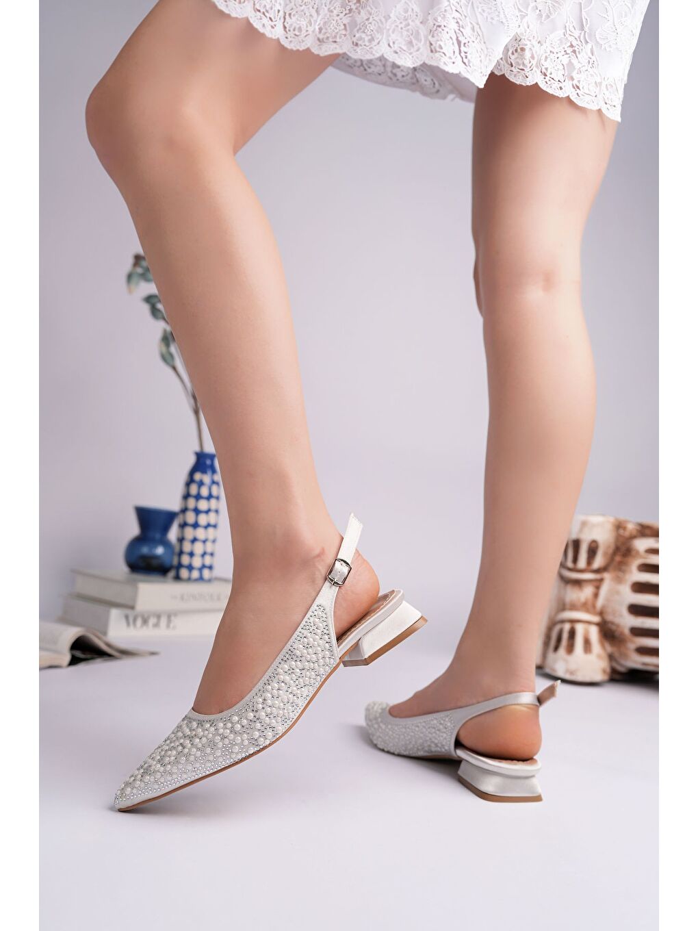 Gri SYROS İnci Taş İşlemeli Sivri Burun Arkası Açık Kadın Topuklu Ayakkabı-3