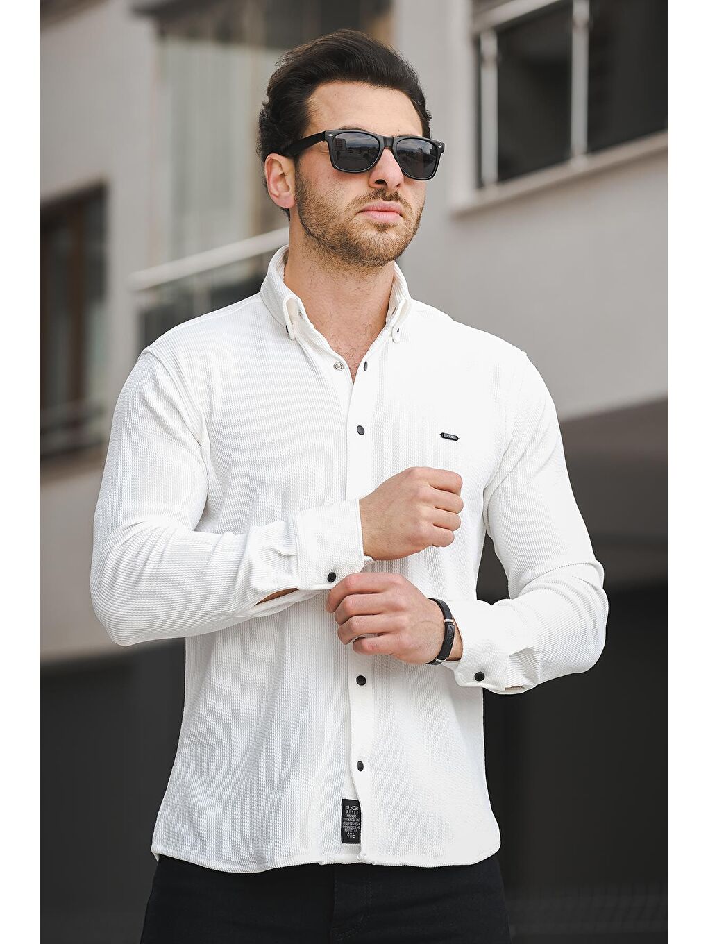 Beyaz Yx 16788 Çıt Çıtlı Likralı Slim Fit Örme Erkek Gömlek