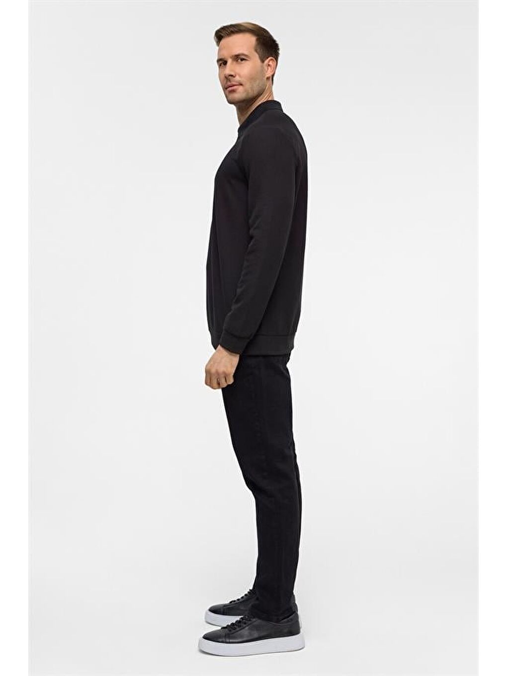 Siyah Regular Düz Polo Yaka Sweatshirt-7
