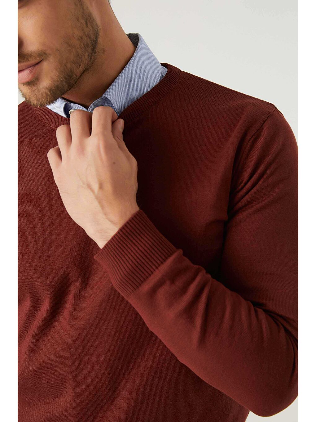 Kahverengi Regular Fit Kiremit Tüylenme Yapmayan Bisiklet Yaka Pamuklu Triko Kazak-2