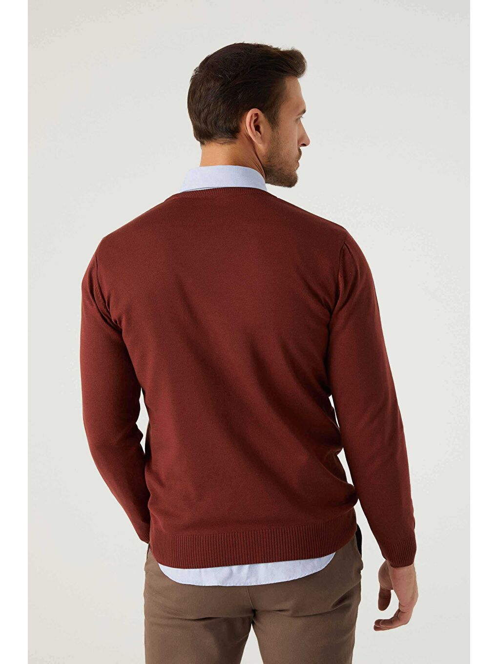 Kahverengi Regular Fit Kiremit Tüylenme Yapmayan Bisiklet Yaka Pamuklu Triko Kazak-3