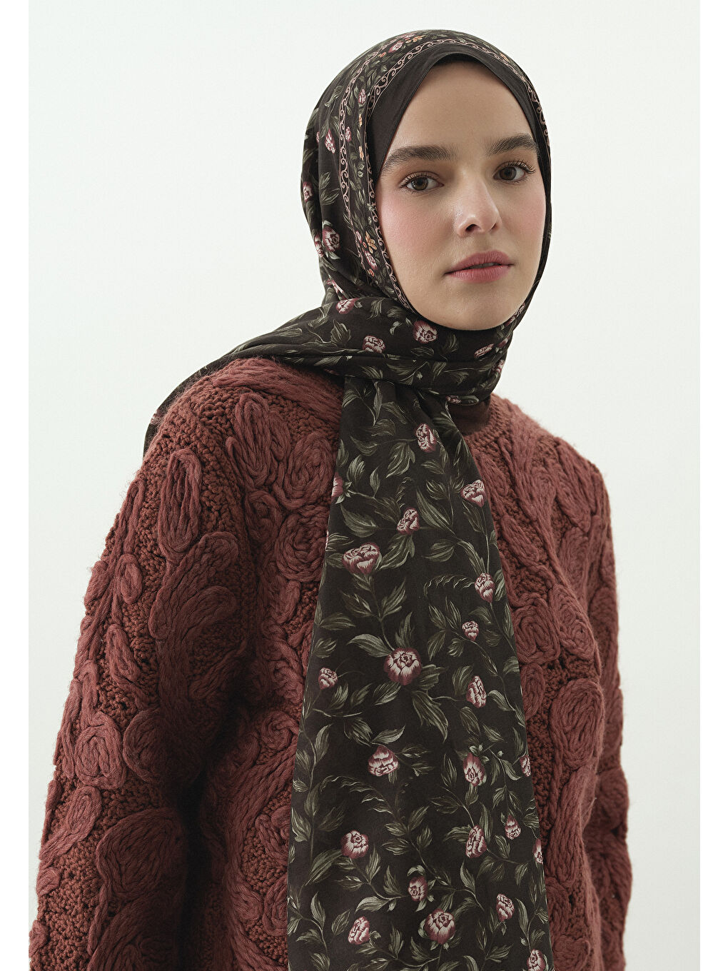 Kahverengi LEANA DESENLİ PAMUK VİSKON ŞAL KAHVE-2