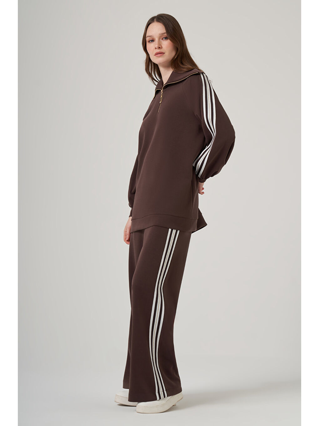 Şerit Detay Tunik Pantolon Takım 1093 Kahverengi-1