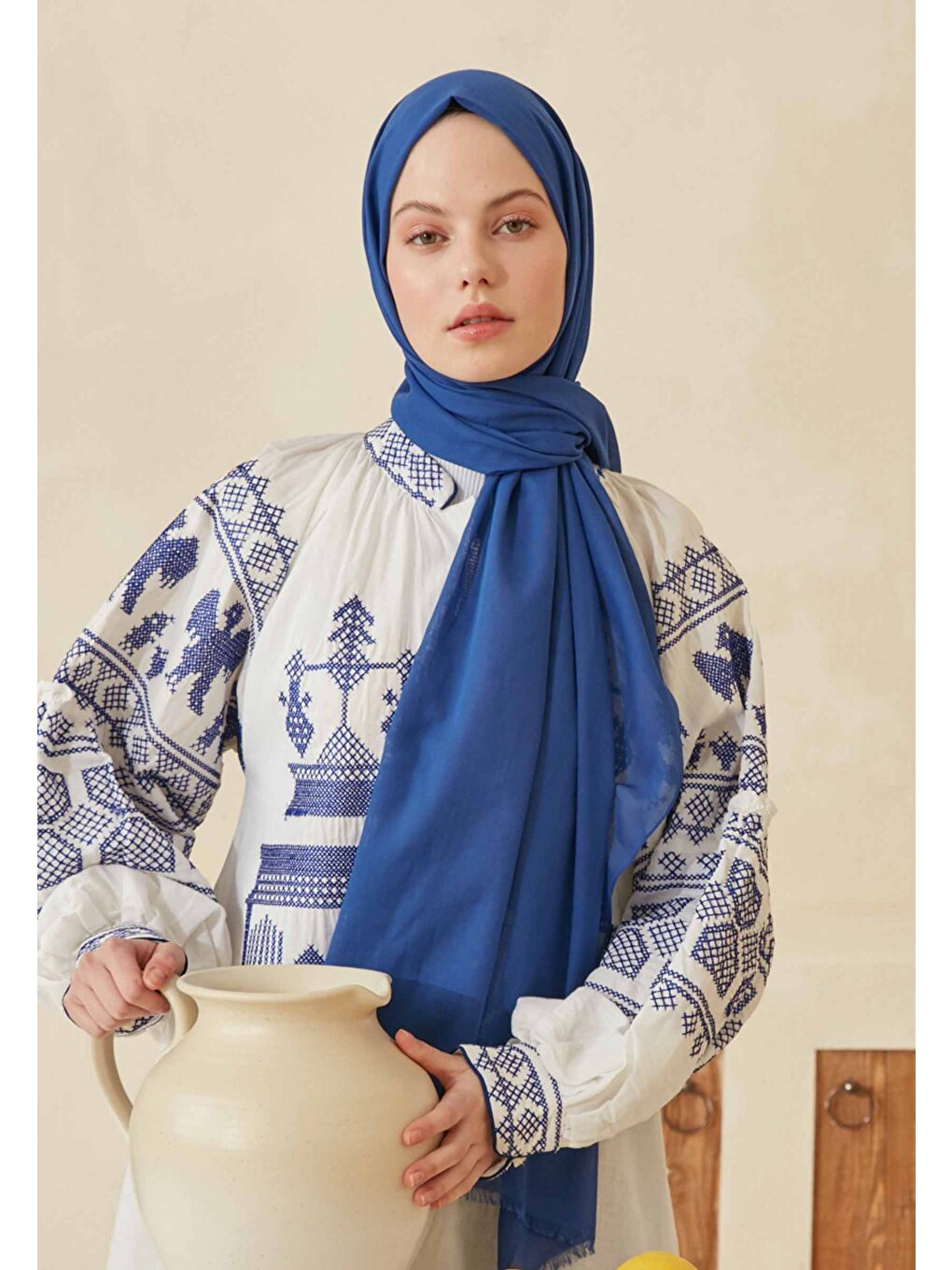 İnce Pamuk Vual Şal Saks Mavisi-1