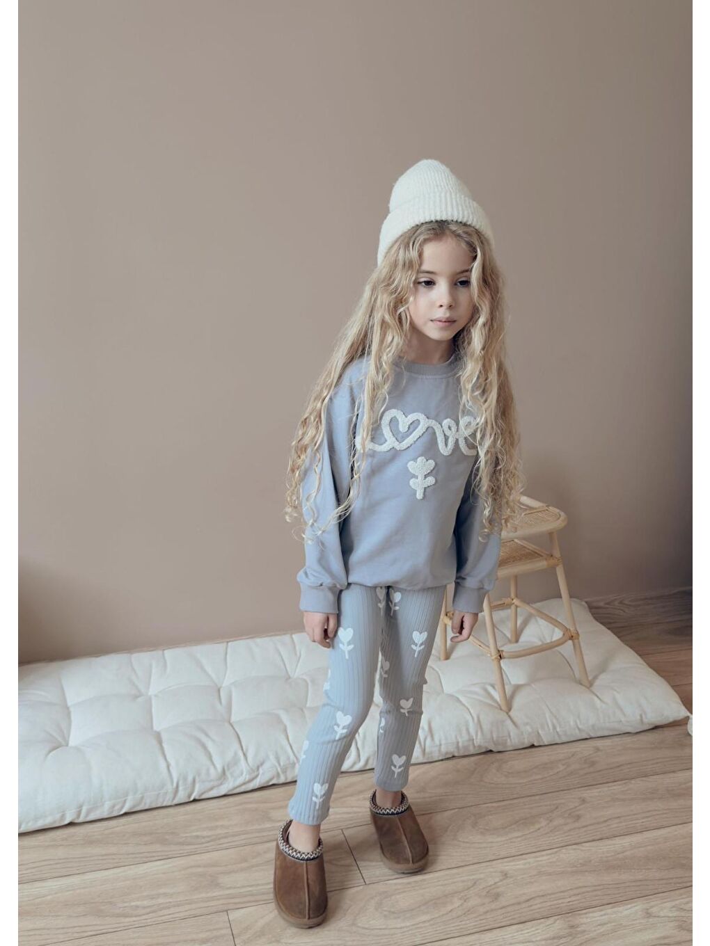 Kız Çocuk Pamuklu Sweatshirt Tayt İkili Takım Gri