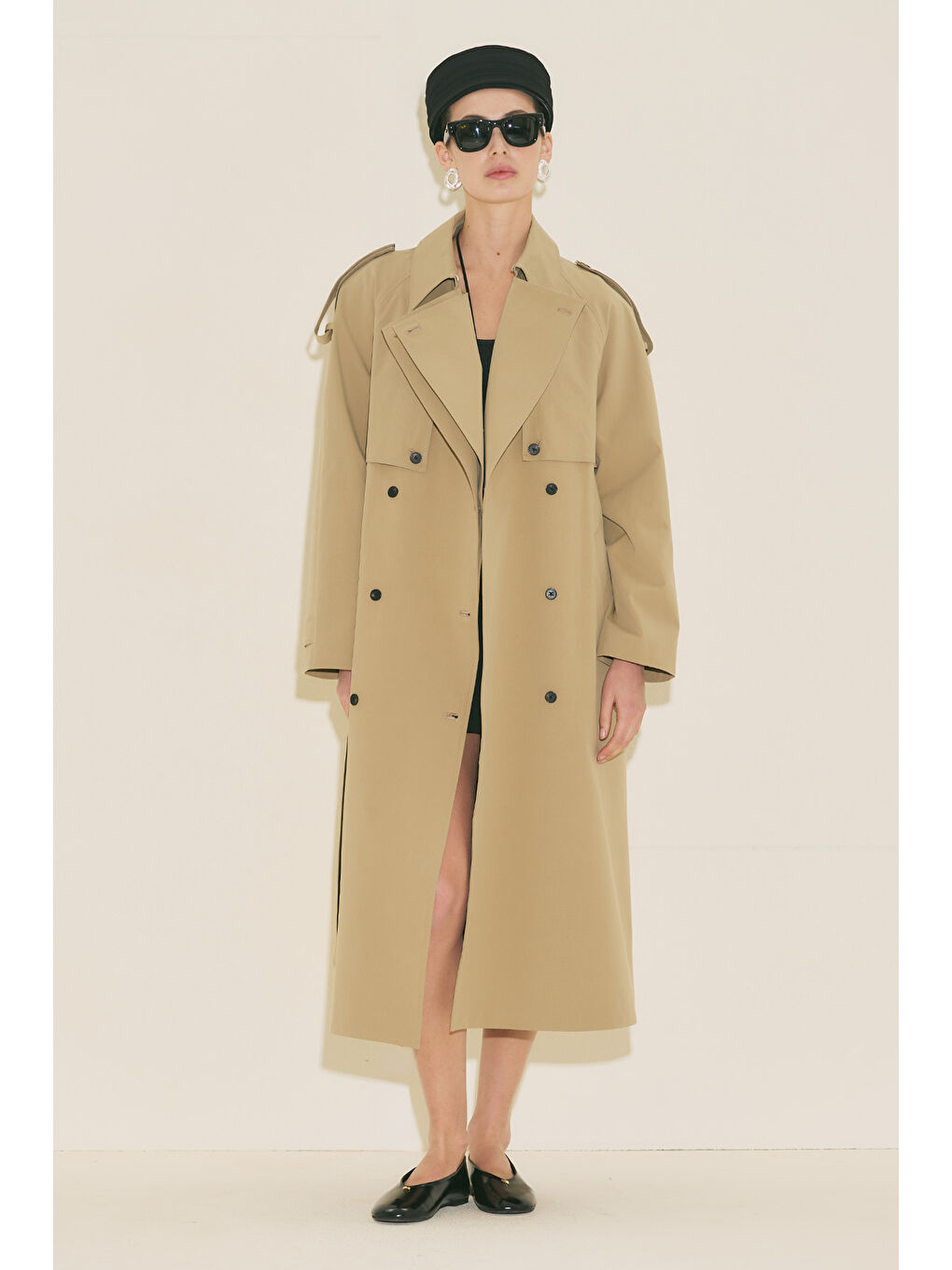 Bej Malıa Çift Yakalı Trençkot Kum-2