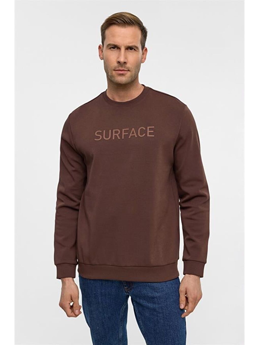 Kahverengi Koyu Kahve Regular Düz Bisiklet Yaka Sweatshirt