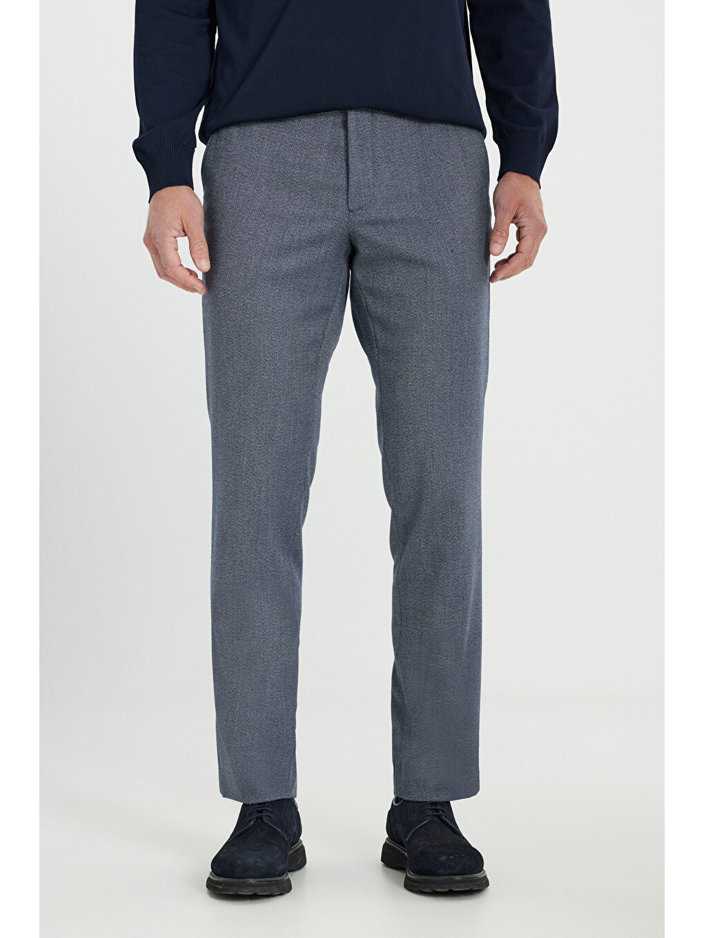 Erkek Lacivert Comfort Fit Rahat Kesim Beli Gizli Lastikli Yan Cep Desenli Klasik Esnek Pantolon-1