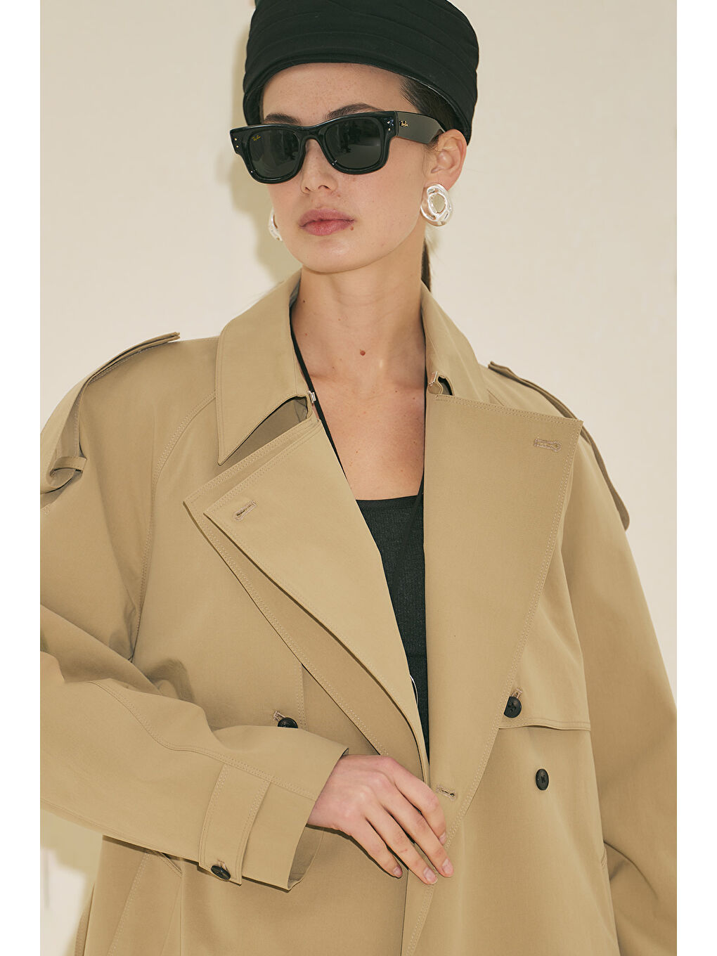 Bej Malıa Çift Yakalı Trençkot Kum-3