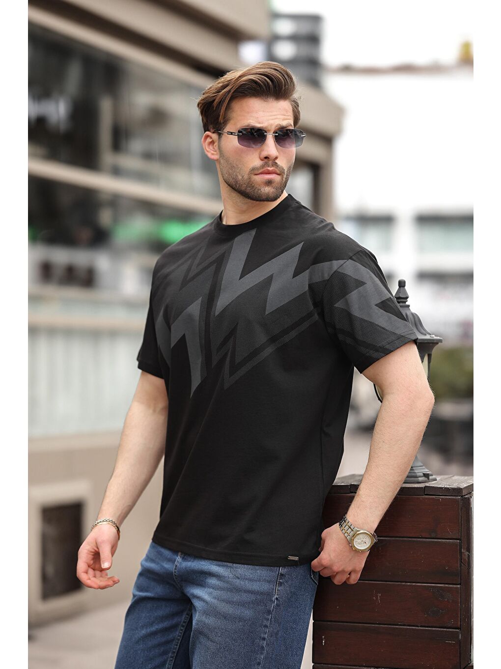 Siyah Baskılı %100 Pamuk Erkek T-Shirt-1