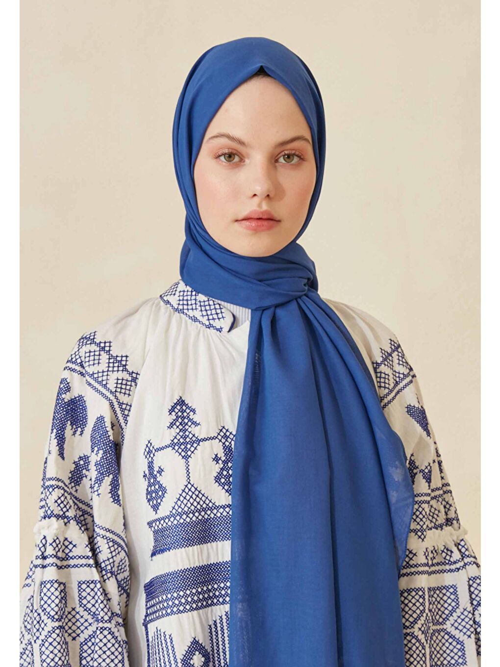 İnce Pamuk Vual Şal Saks Mavisi-3