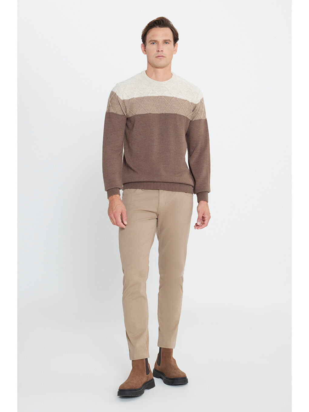 Erkek Bej-kahve Standart Fit Normal Kesim Bisiklet Yaka Colorblock Desenli Triko Kazak-1