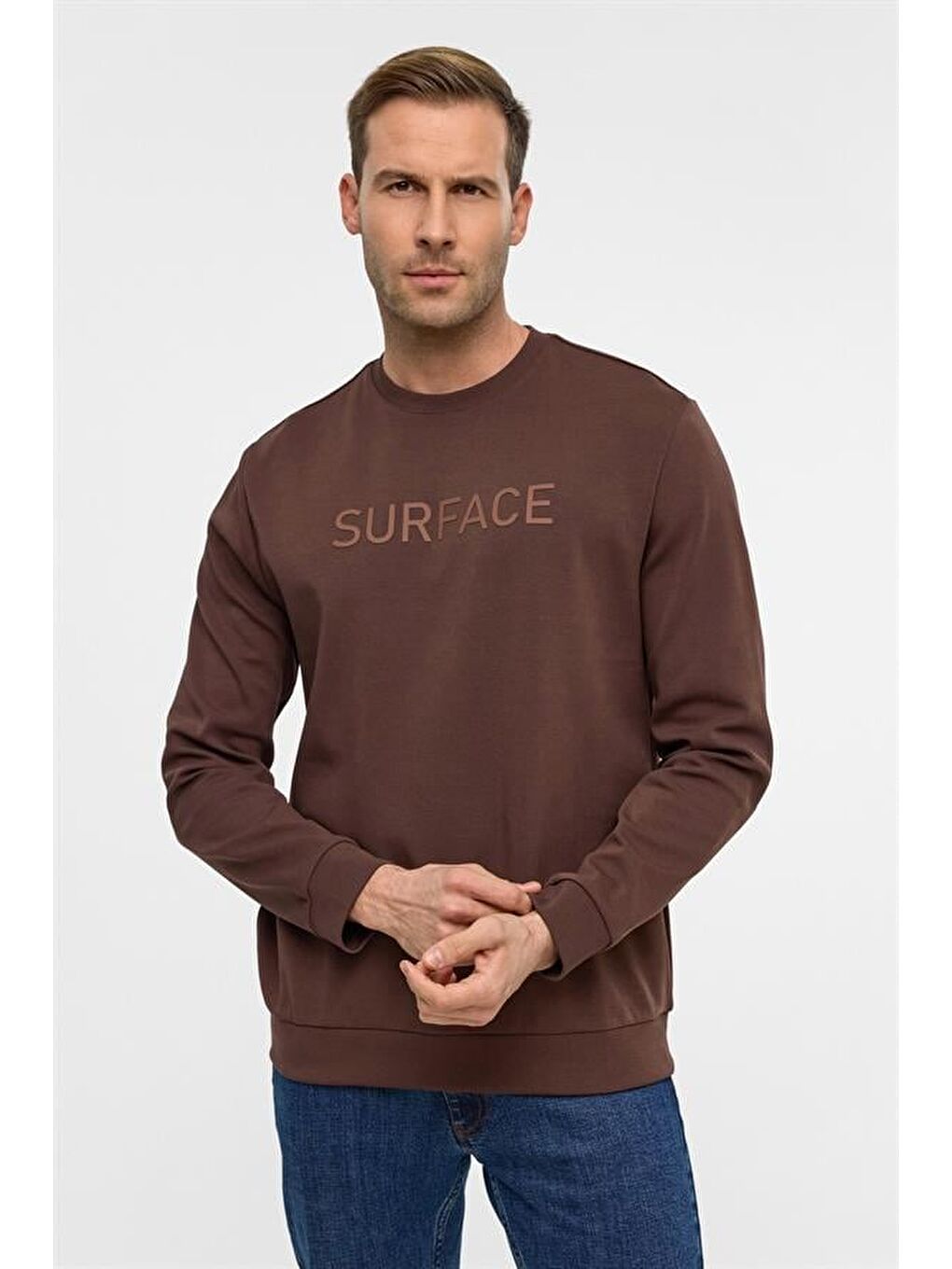 Kahverengi Koyu Kahve Regular Düz Bisiklet Yaka Sweatshirt-1