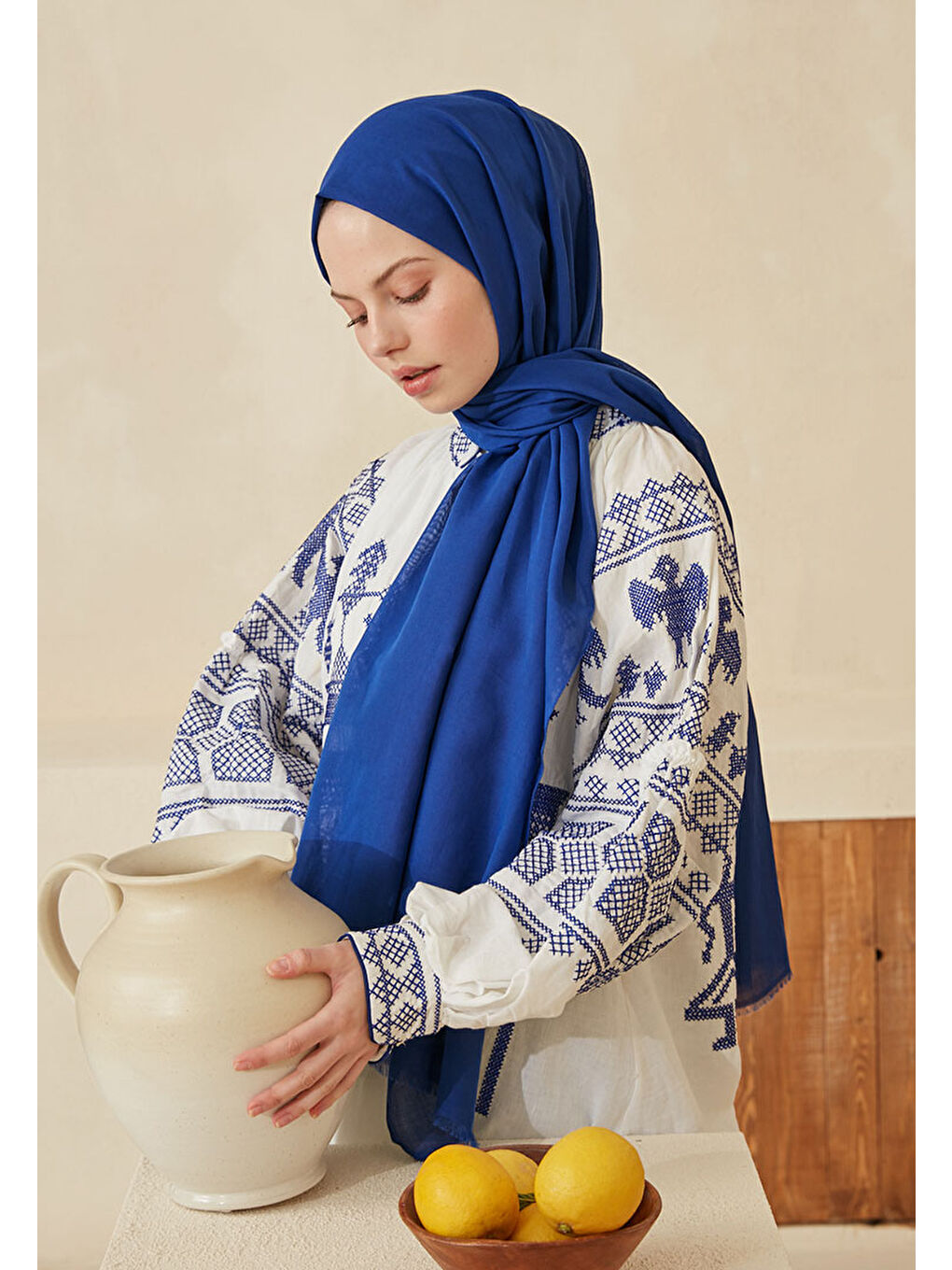 İnce Pamuk Vual Şal Saks Mavisi-4