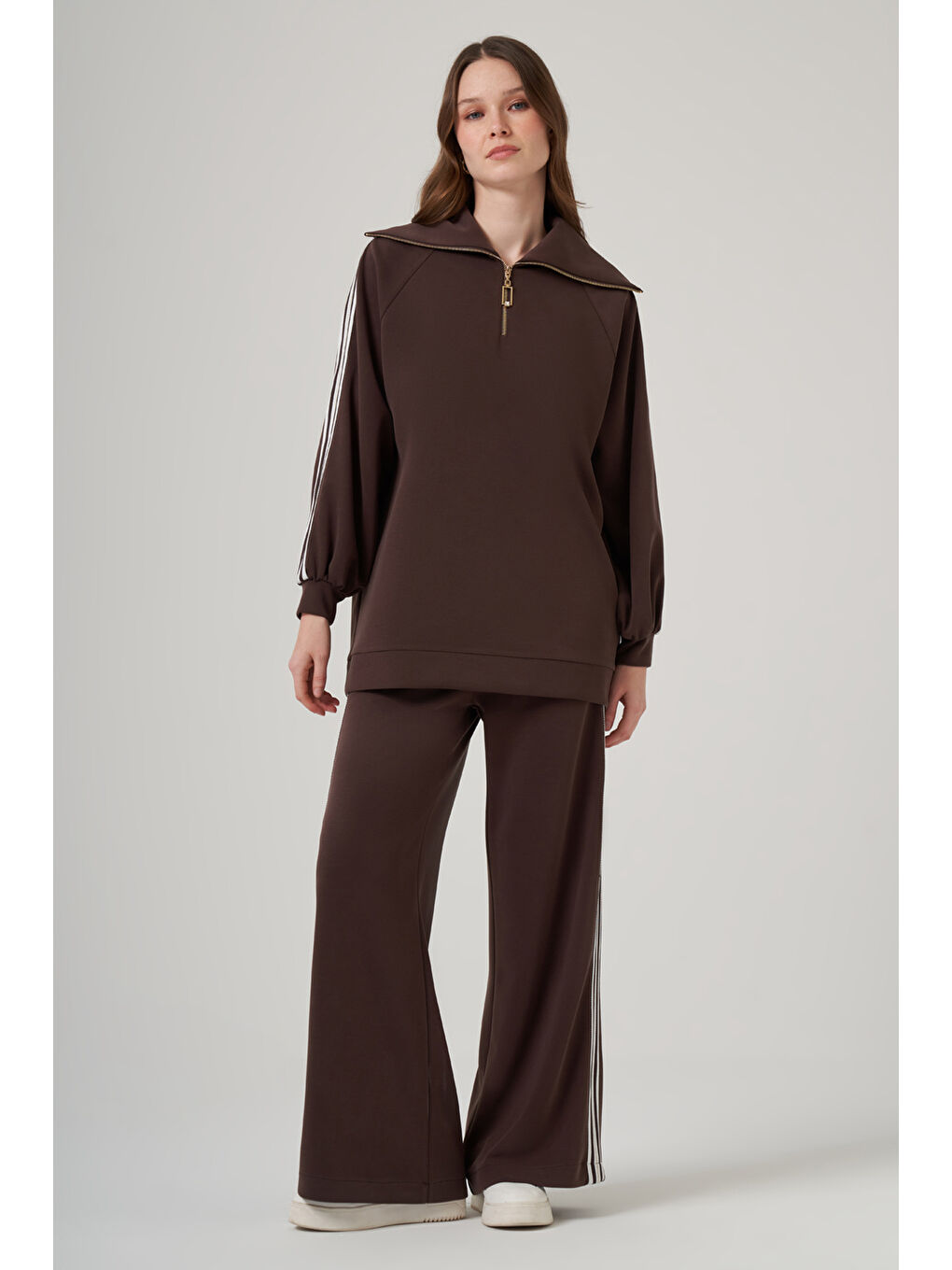 Şerit Detay Tunik Pantolon Takım 1093 Kahverengi-3