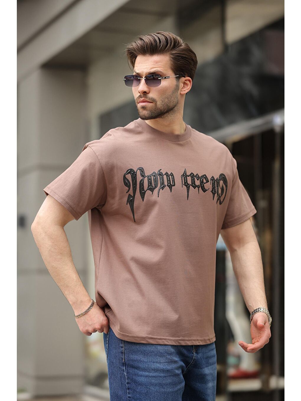 Kahverengi Baskılı %100 Pamuk Erkek T-Shirt E7141