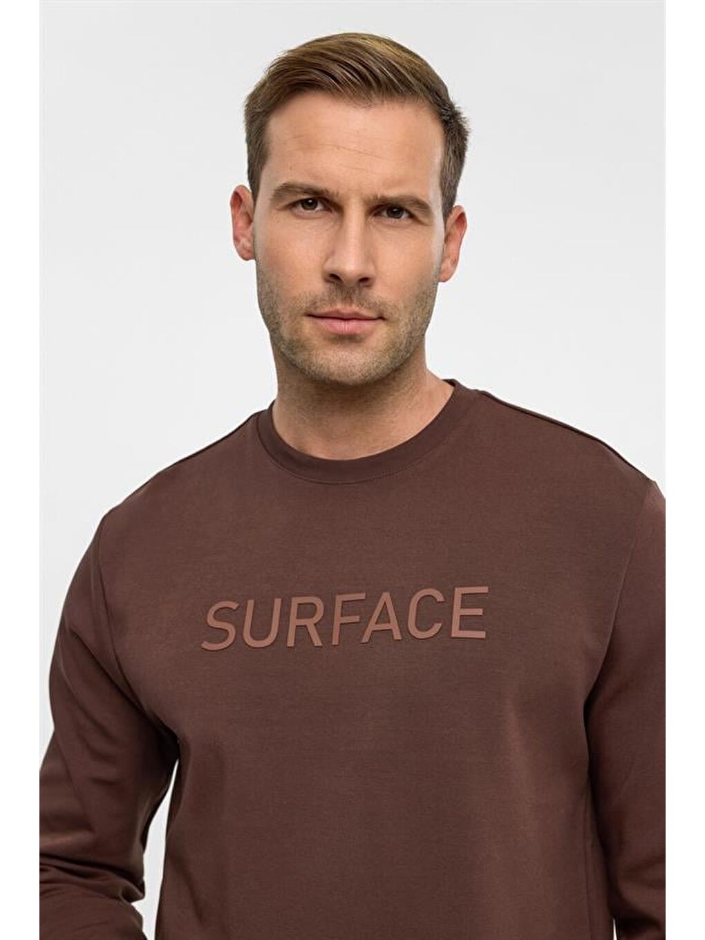 Kahverengi Koyu Kahve Regular Düz Bisiklet Yaka Sweatshirt-2