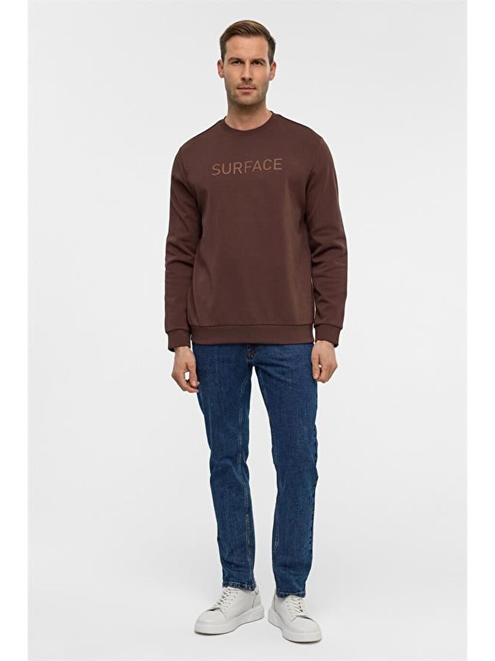 Kahverengi Koyu Kahve Regular Düz Bisiklet Yaka Sweatshirt-3