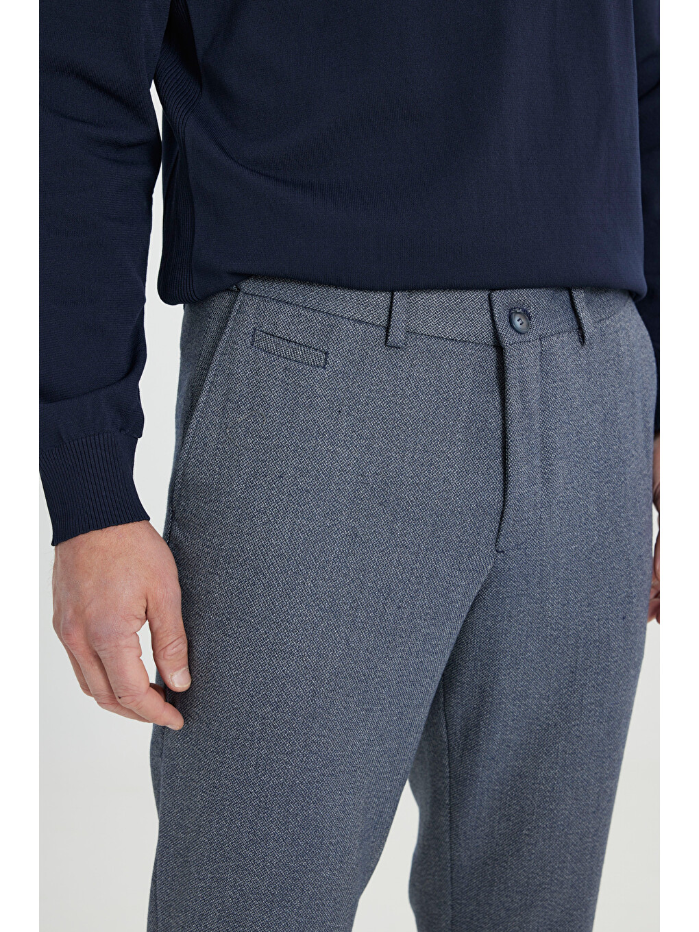 Erkek Lacivert Comfort Fit Rahat Kesim Beli Gizli Lastikli Yan Cep Desenli Klasik Esnek Pantolon-3