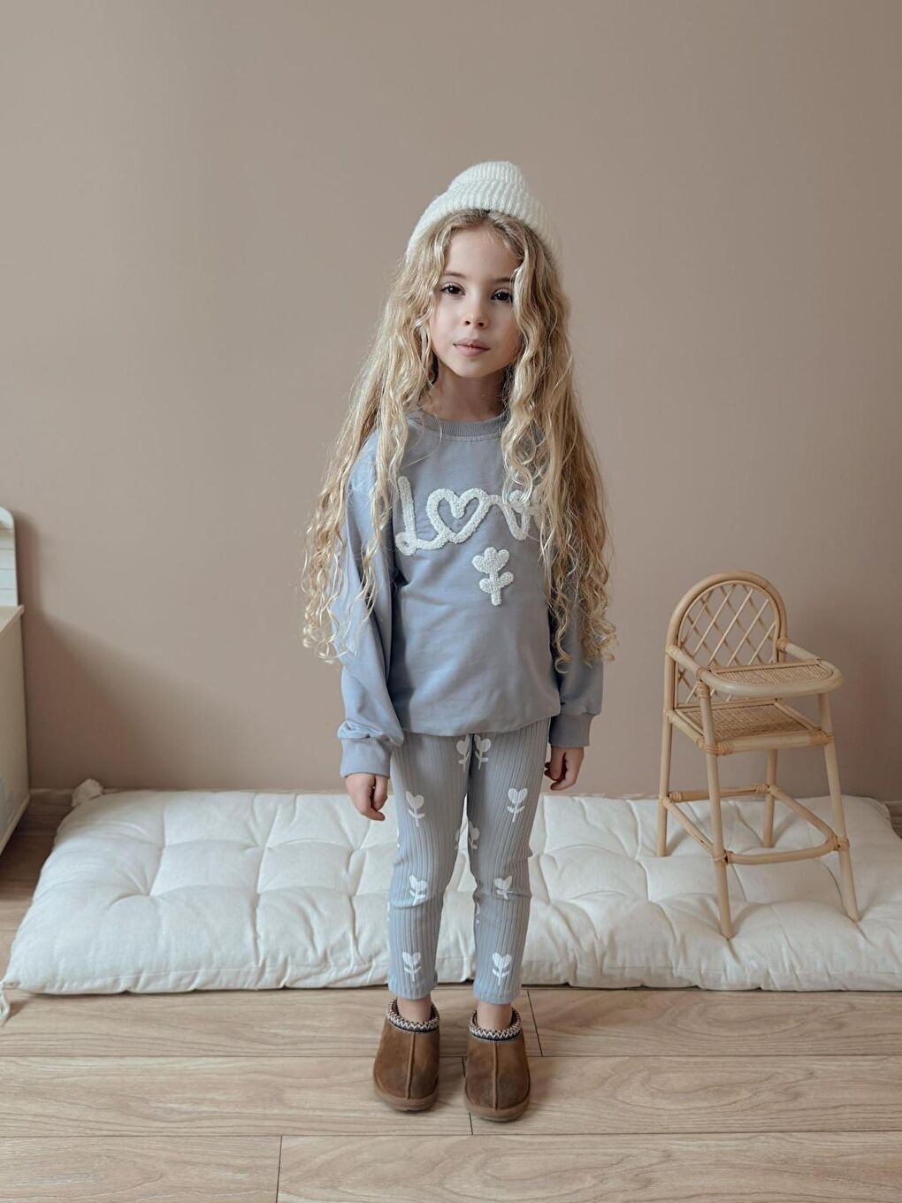Kız Çocuk Pamuklu Sweatshirt Tayt İkili Takım Gri-1