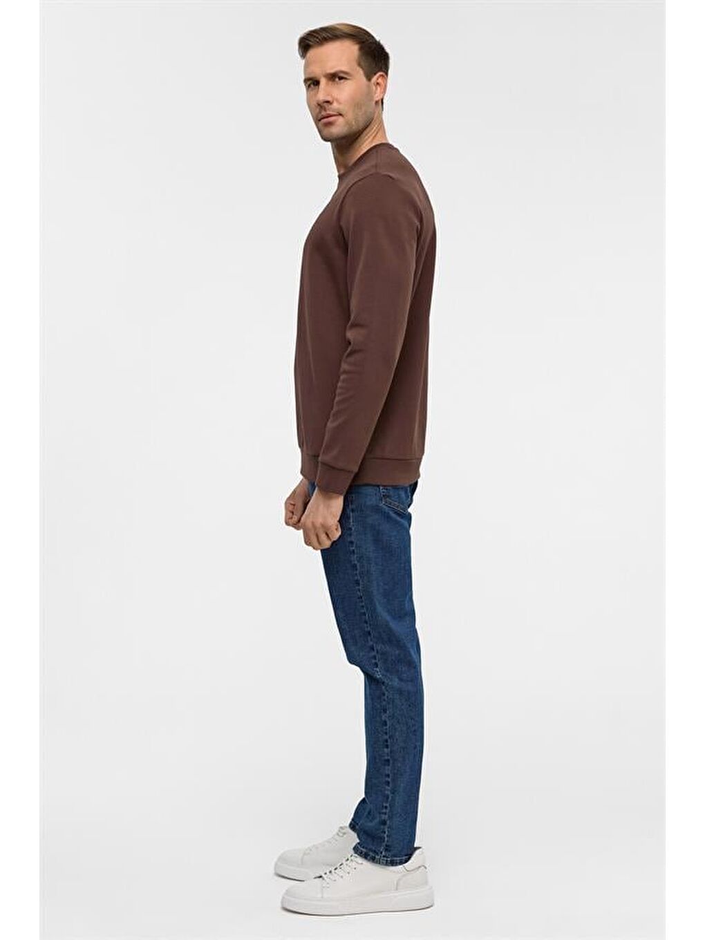 Kahverengi Koyu Kahve Regular Düz Bisiklet Yaka Sweatshirt-4