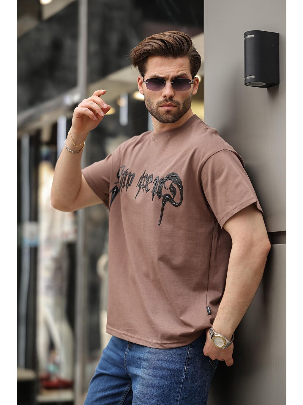 Kahverengi Baskılı %100 Pamuk Erkek T-Shirt E7141-1