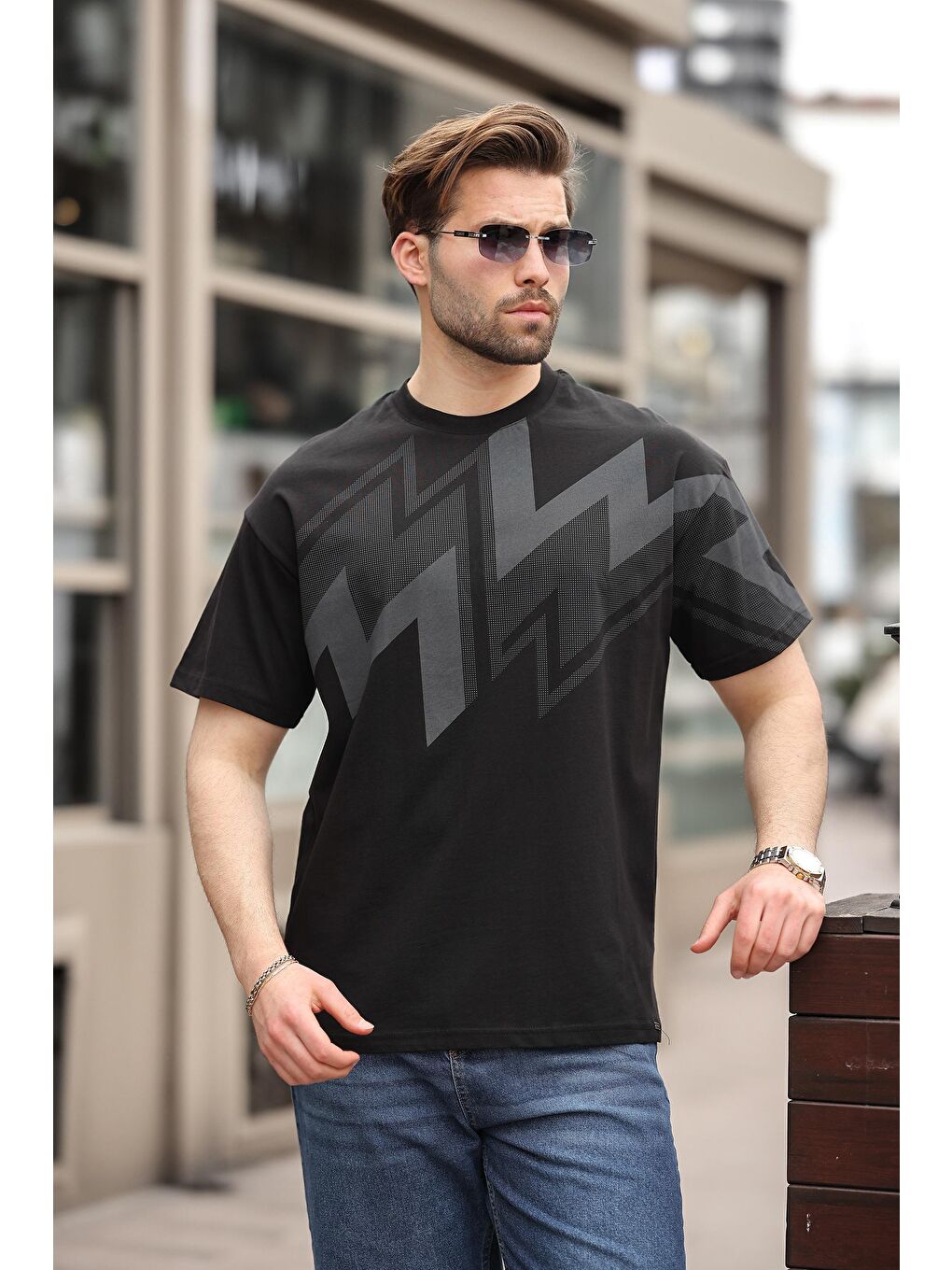 Siyah Baskılı %100 Pamuk Erkek T-Shirt-3