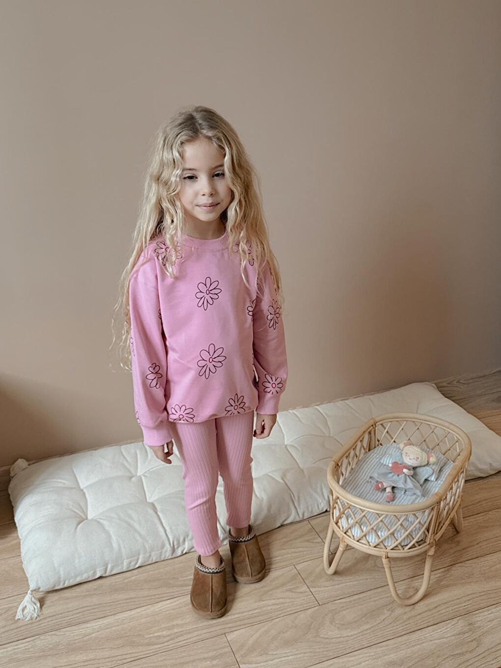 Kız Çocuk Pamuklu Sweatshirt Tayt İkili Takım Pembe