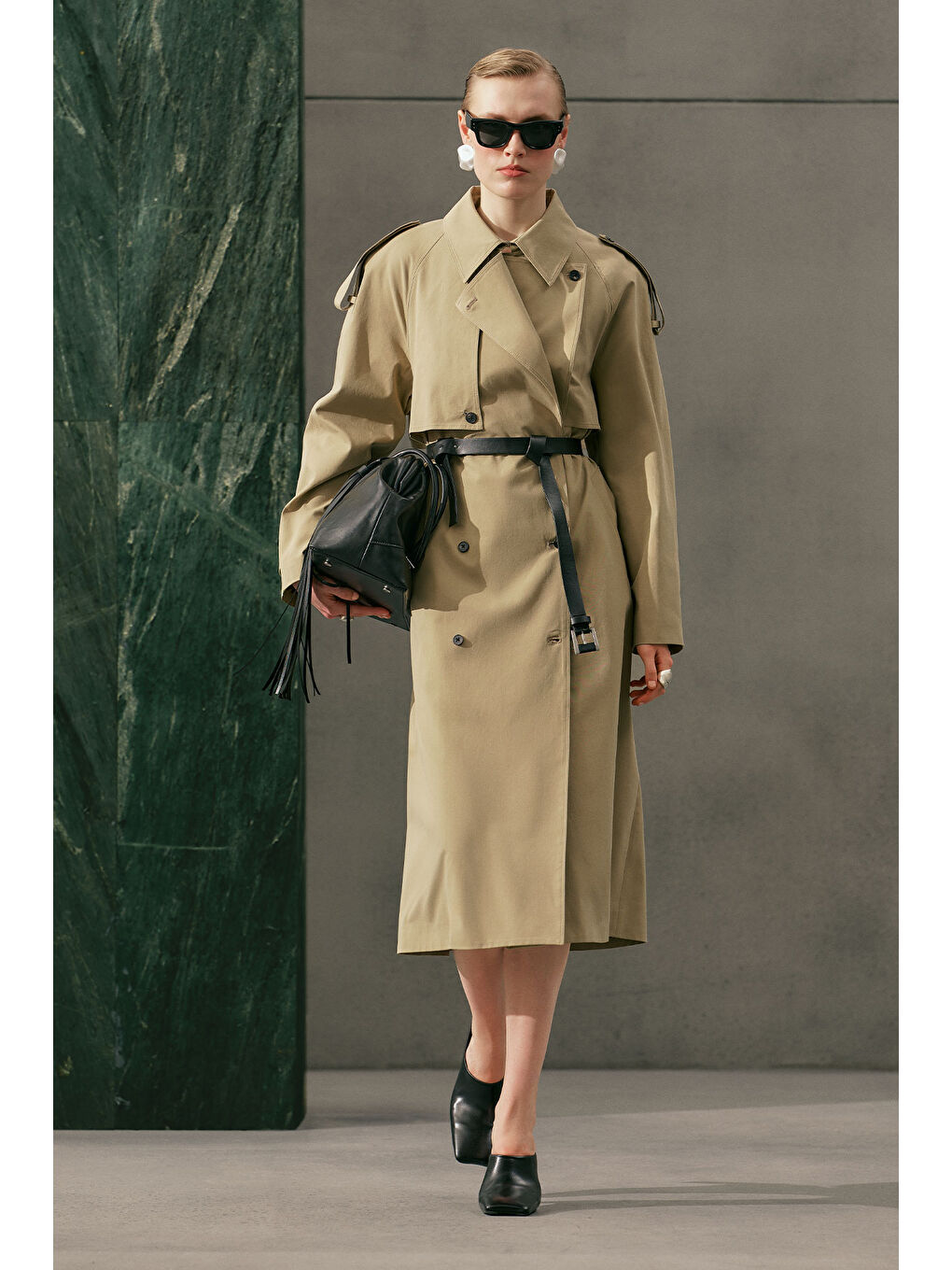 Bej Malıa Çift Yakalı Trençkot Kum-8