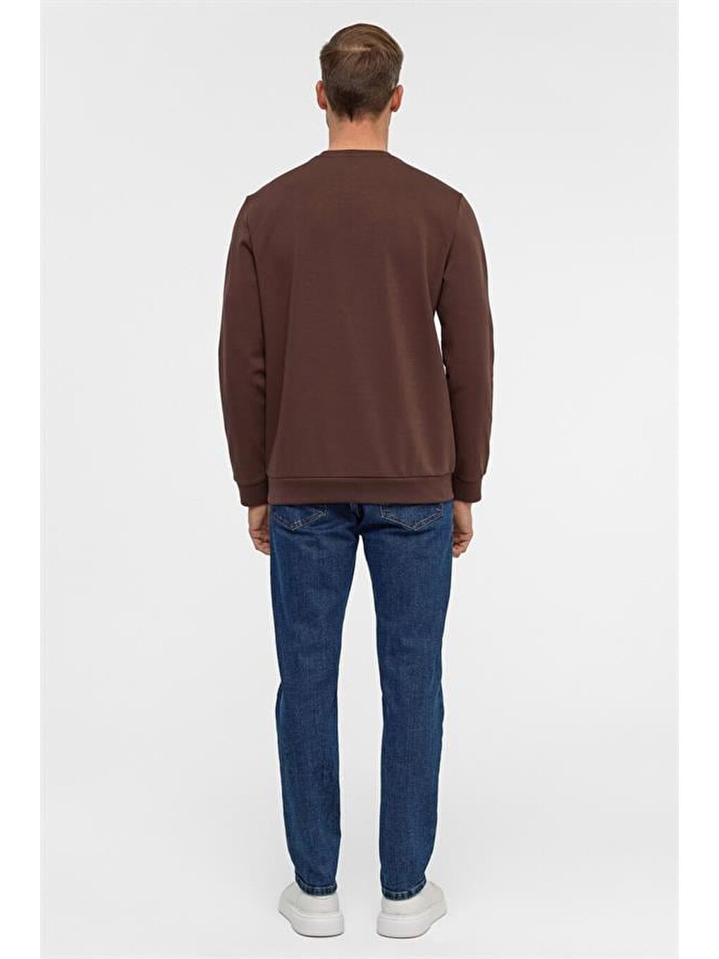 Kahverengi Koyu Kahve Regular Düz Bisiklet Yaka Sweatshirt-5