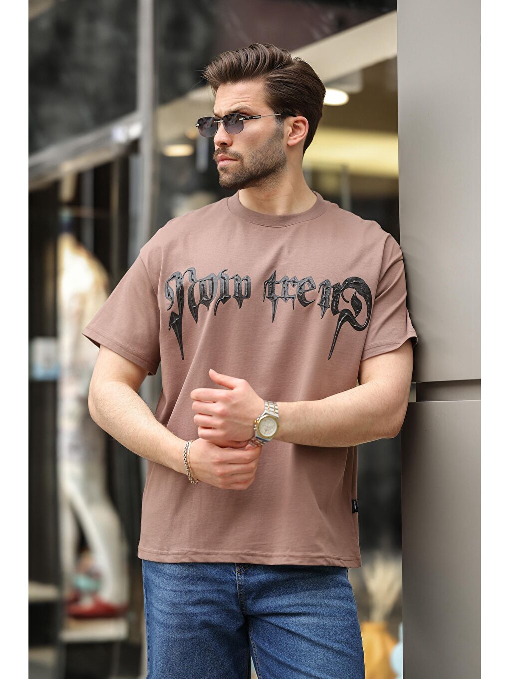 Kahverengi Baskılı %100 Pamuk Erkek T-Shirt E7141-2