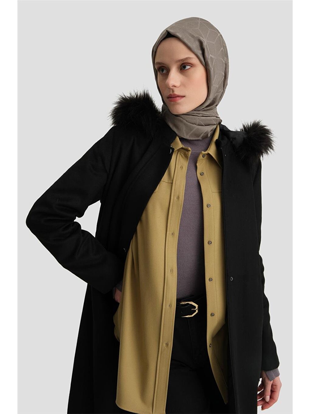 Kapüşonu Kürklü Kaban 24K7616 Siyah-2