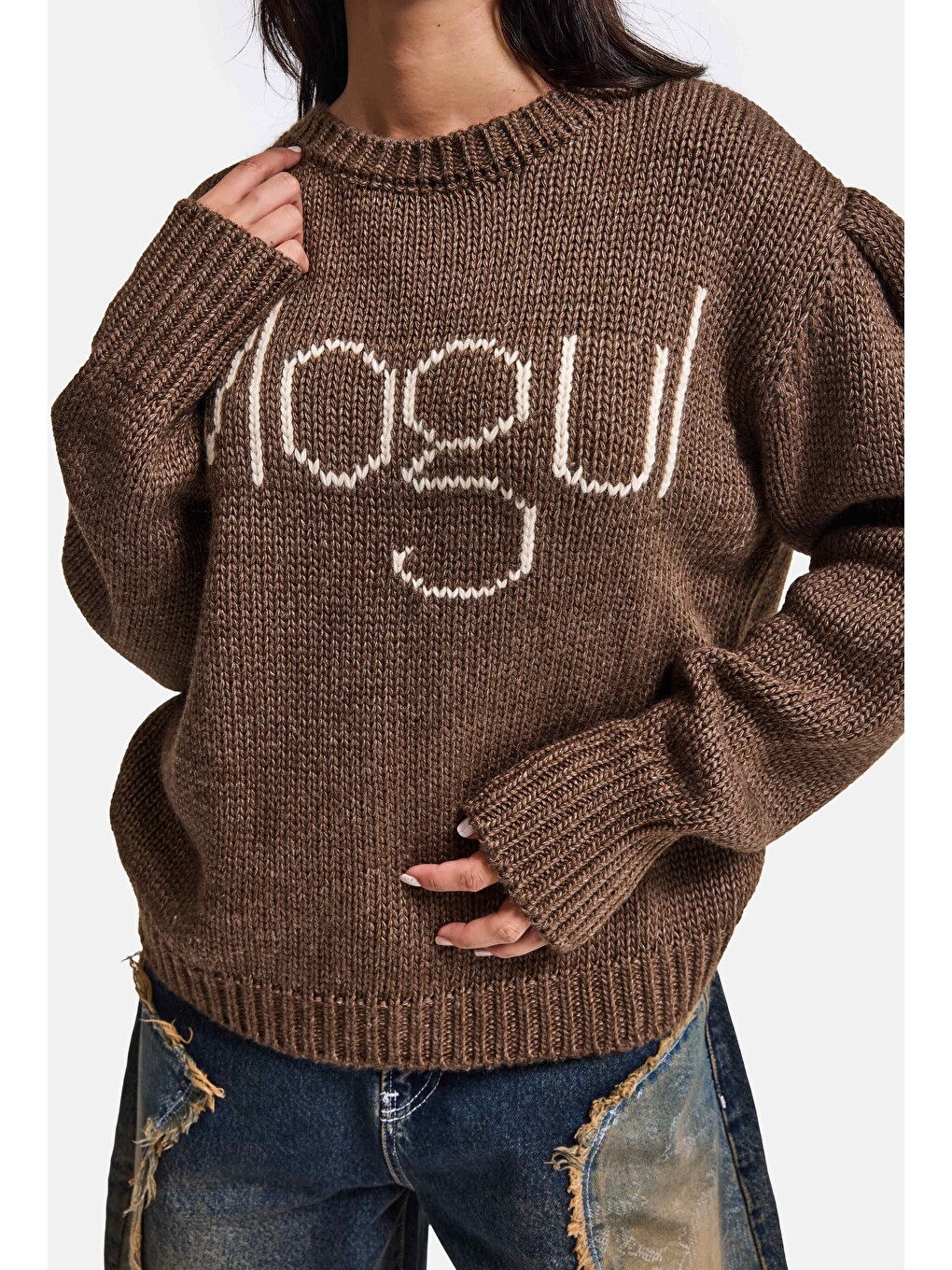 Kahverengi Kadın Kahve W6-81 Mogul Nakışlı Oversize Tasarım Triko Kazak-2